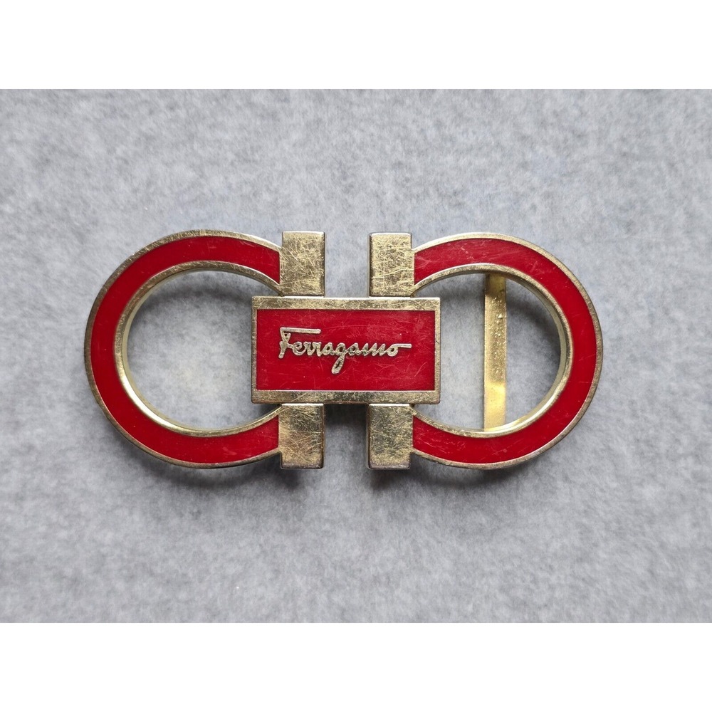 Vintage Salvatore Ferragamo Belt Buckle Red Gold Gancini Made in Italy Logo